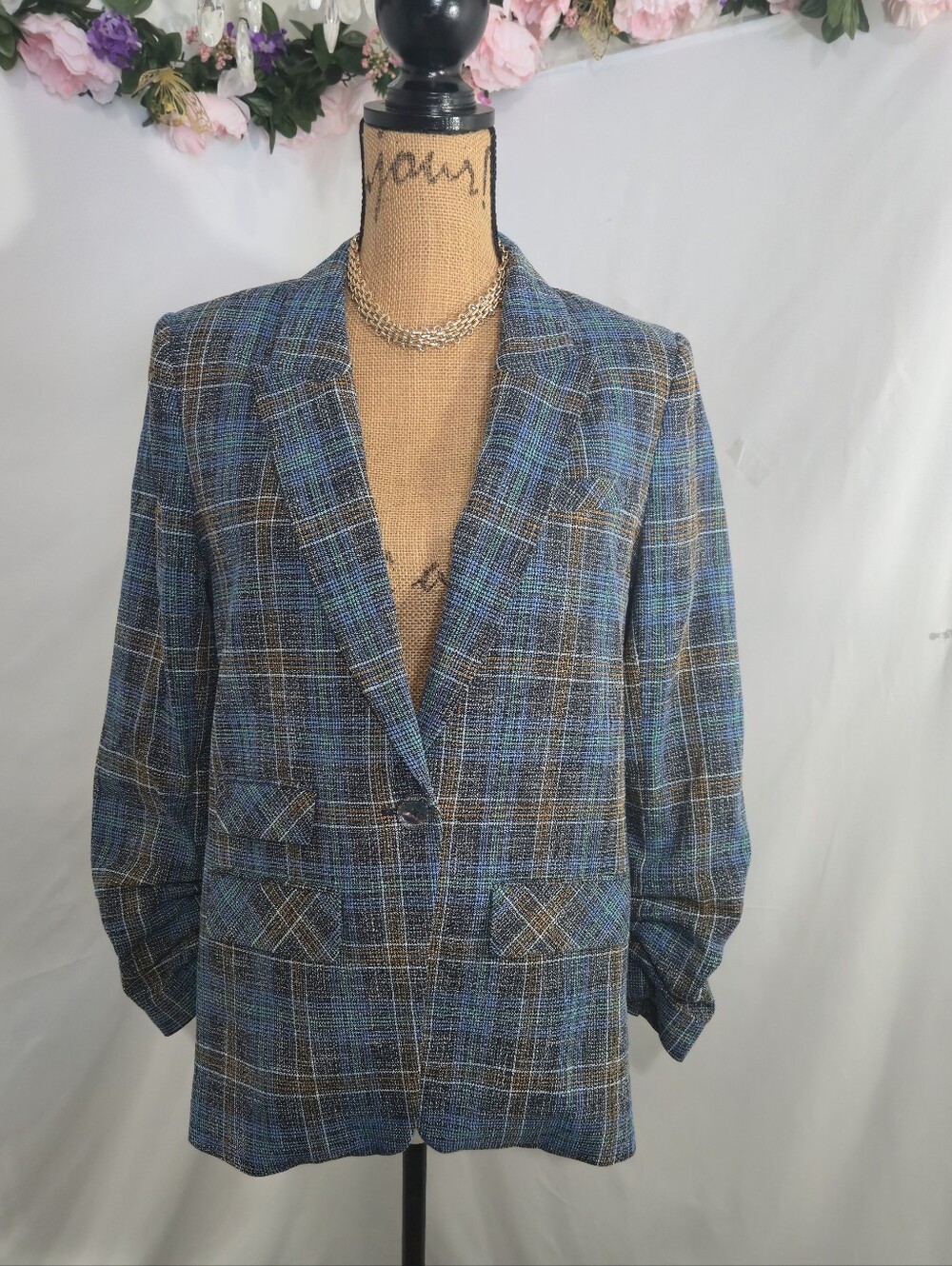Veronica Beard Blue Plaid Single-Button Blazer with Brown Accents
